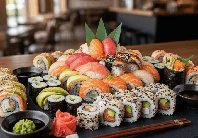 Combien de sushi par personne : un guide illustré par un plateau de sushis variés.